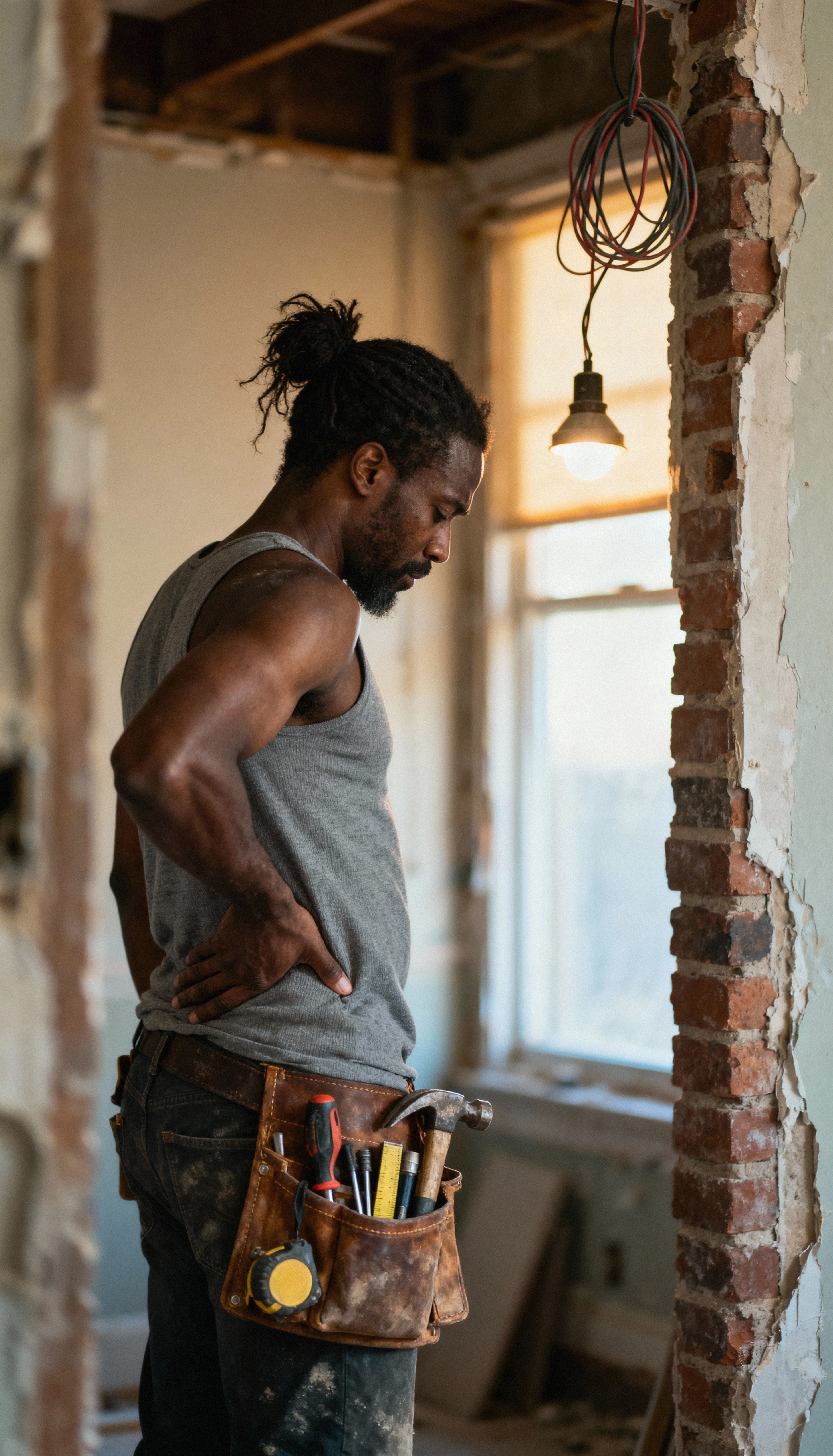 man tank top with tool belt construction site